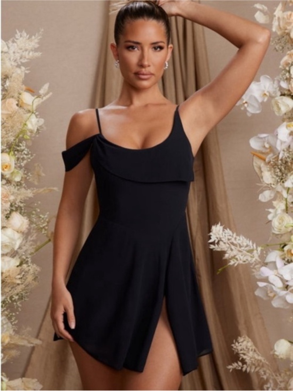 Oh Polly Black Asymmetric Off-Shoulder Mini Dress